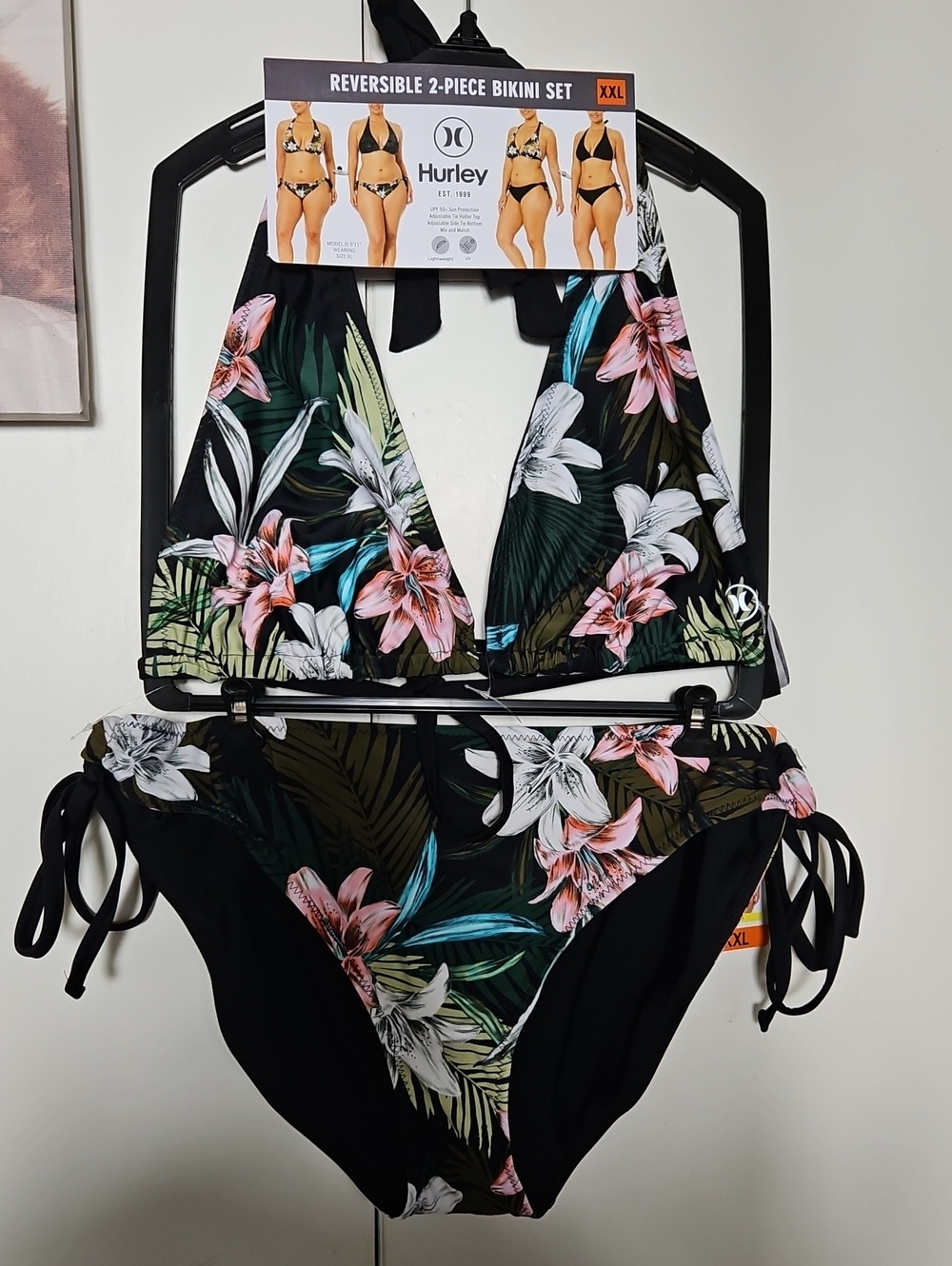 Hurley Women's Reversible Bikini 2-piece Set Swimwear Floral Black Size XXL